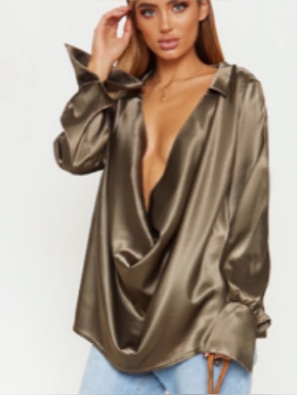 PrettyLittleThing Olive Satin Draped Button Down Blouse